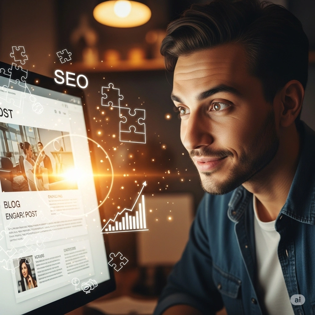 A content creator looking proudly at a successful blog post on his screen, with glowing icons representing how an effective content strategy and built-in SEO lead to higher rankings and tangible business growth.