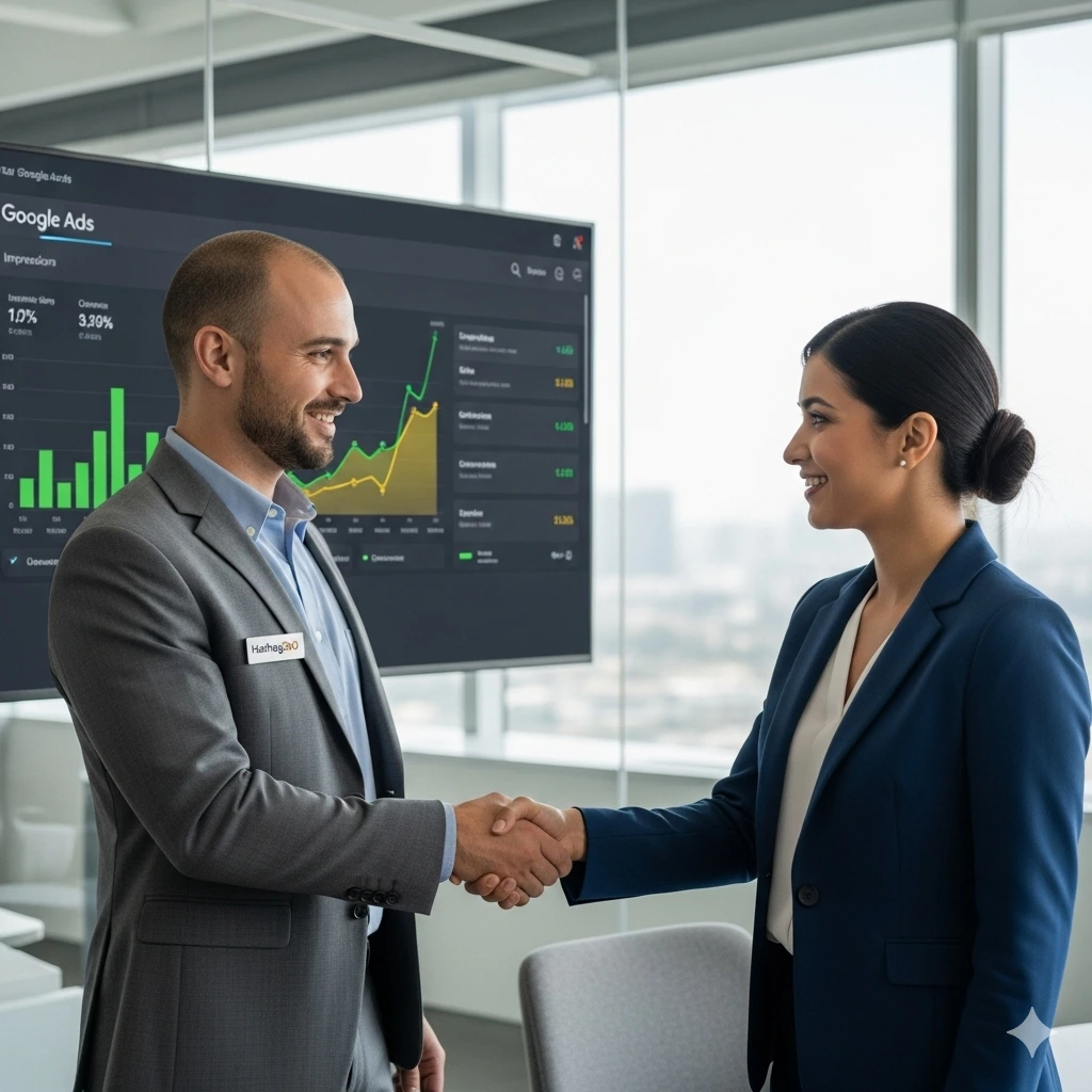 A business owner shaking hands with an expert from Hashtag360, a leading **Google Ads agency in Bangalore**. In the background, a screen shows a successful Google Ads campaign with rising graphs, symbolizing business growth.