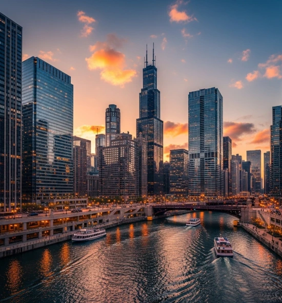 A team of Google Ads professionals reviewing data on a monitor in an office with a view of the Chicago.