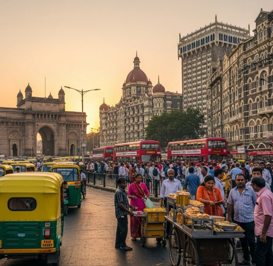A team of Google Ads professionals reviewing data on a monitor in an office with a view of the Mumbai skyline.
