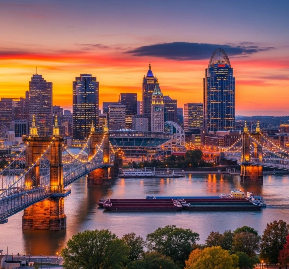 A team of Google Ads professionals reviewing data on a monitor in an office with a view of the Cincinnati .