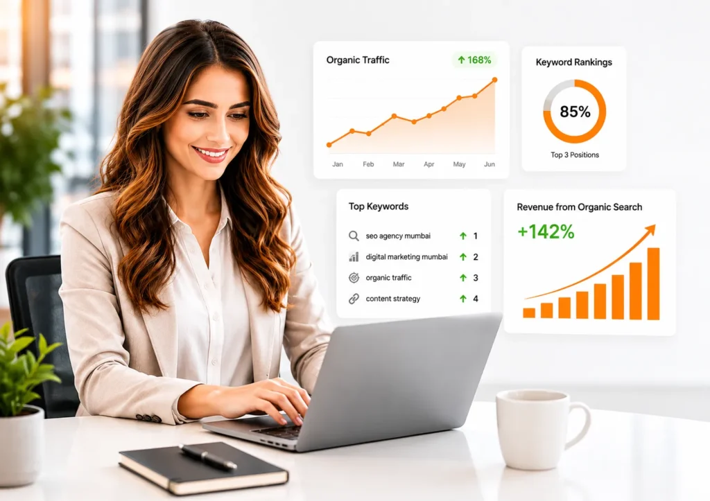 SEO agency in Mumbai professional working on SEO analytics dashboard and organic traffic growth strategy