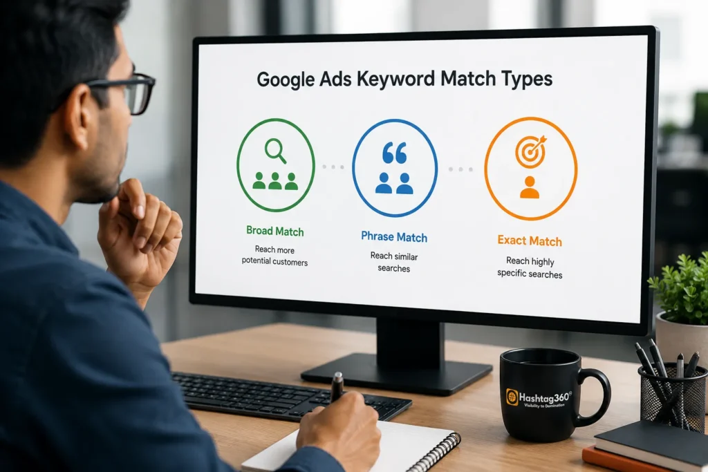 Flow diagram showing how Google Ads keyword match types determine search query matching