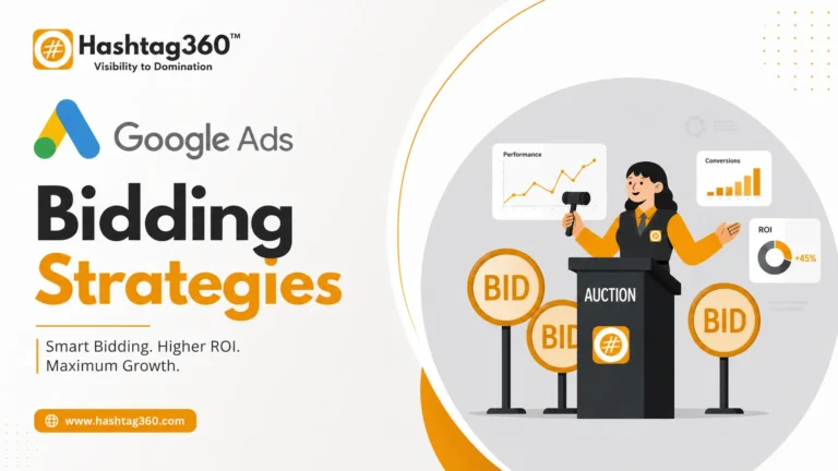 Google Ads Bidding Strategies poster with Hashtag360 branding, Google Ads logo, digital auction illustration, bid markers, and marketing performance graphics.