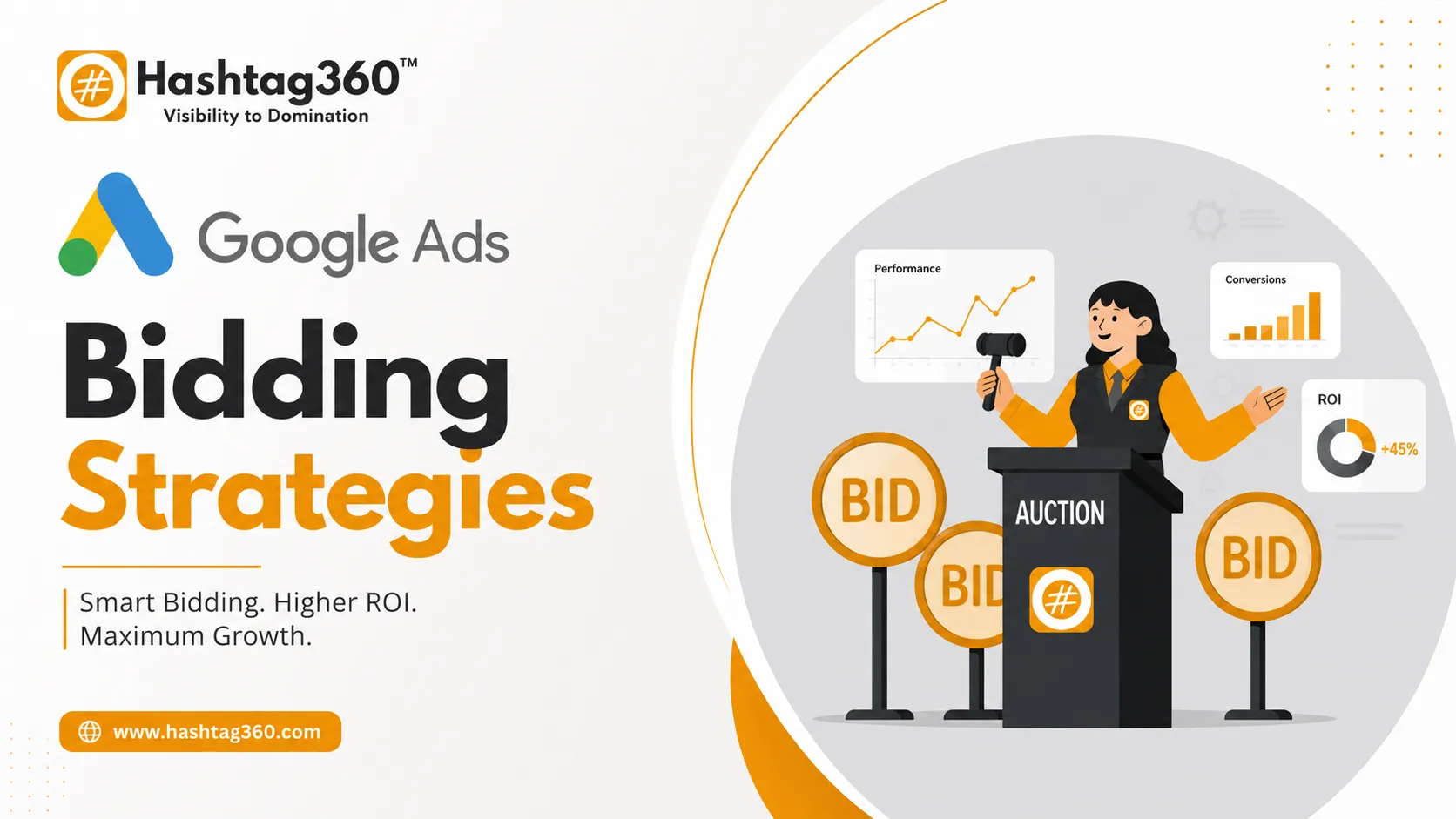 Google Ads Bidding Strategies poster with Hashtag360 branding, Google Ads logo, digital auction illustration, bid markers, and marketing performance graphics.
