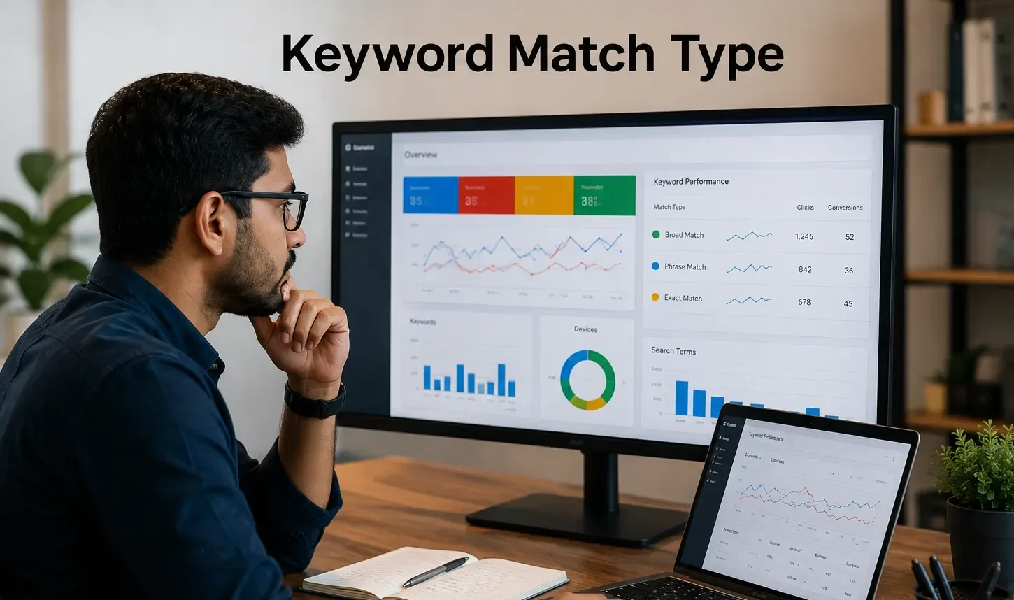 Illustration comparing Google Ads Broad Match, Phrase Match, and Exact Match keyword targeting.