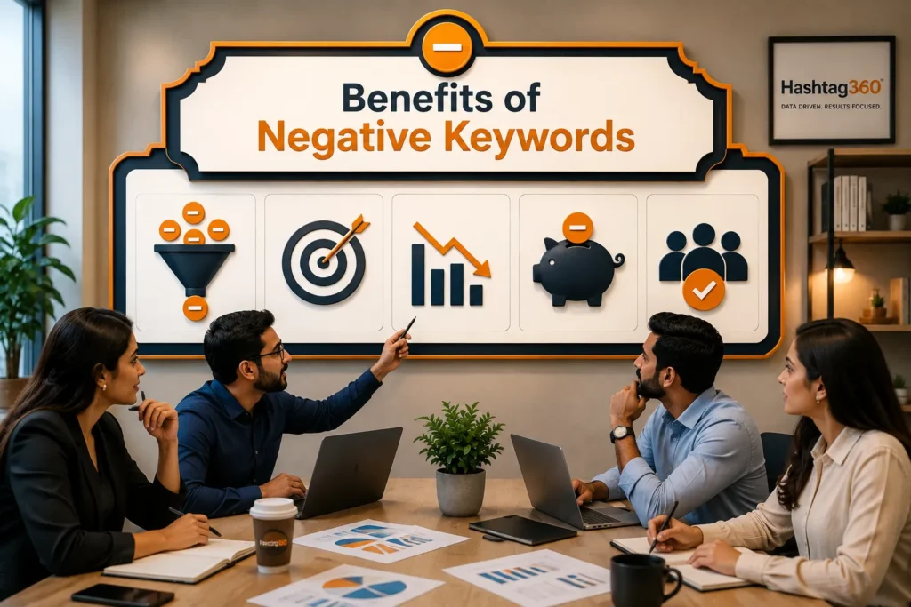 Image illustrating people in a group explaning Benefits of Negative Keywords.