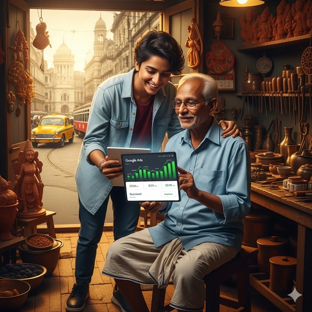 An emotional image of a young entrepreneur in a traditional Kolkata workshop showing their father the success of their family business on a tablet. The screen displays a glowing Google Ads dashboard, representing the growth achieved through a leading **Google Ads service in Kolkata**.