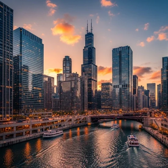 A team of Google Ads professionals reviewing data on a monitor in an office with a view of the Chicago.
