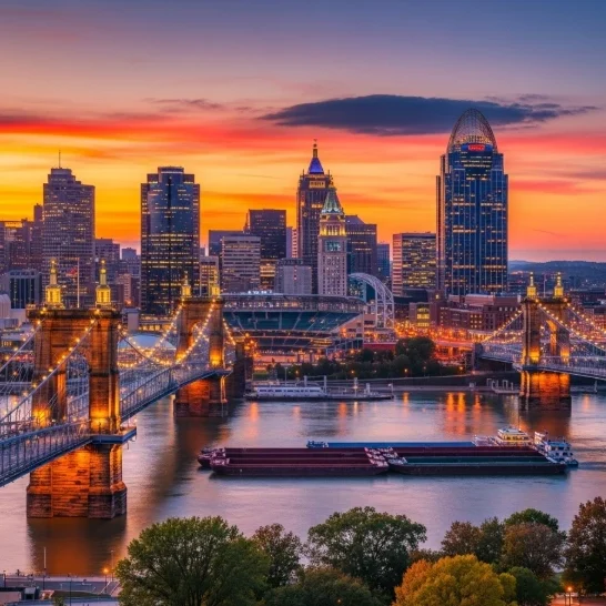 A team of Google Ads professionals reviewing data on a monitor in an office with a view of the Cincinnati .